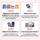 Mode d'emploi en 4 étapes : choisir son tampon animal, utiliser la face noire sur les vêtements de couleur claire, la face blanche sur les vêtements de couleur foncée, toutes les affaires marquées pour l'année